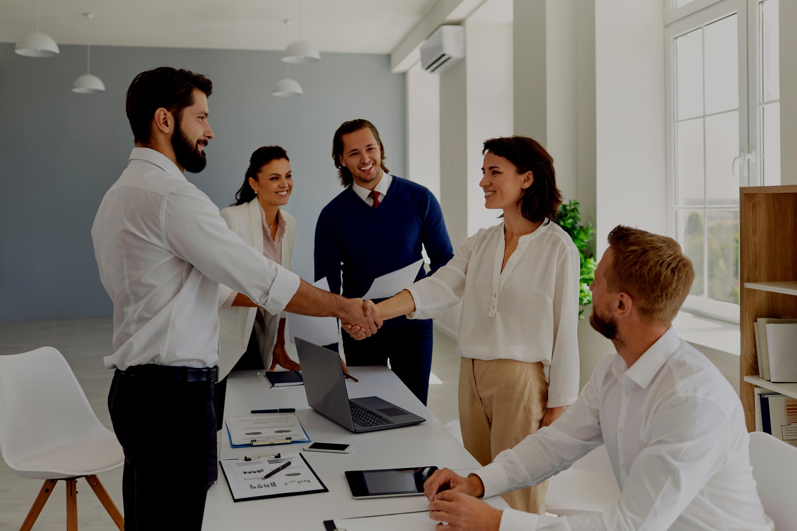 Friendly Businesspeople Shaking Hands Confirming a Business Deal in a Negotiation Meeting